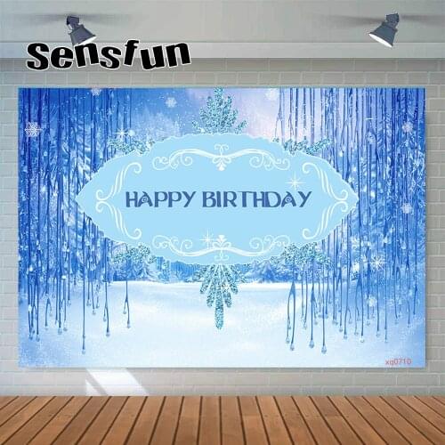 Sensfun Blue White Winter Frozen Girls Birthday Party Backdrops Snow Photography Backgrounds Custom Photo Studio Photocall