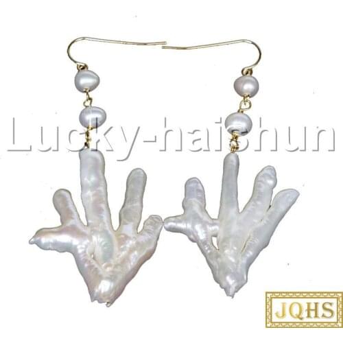 JQHS HUGE Baroque 3" 38mm thenar form white Kasumi pearls Beaded earrings 14KT gold hook j11777
