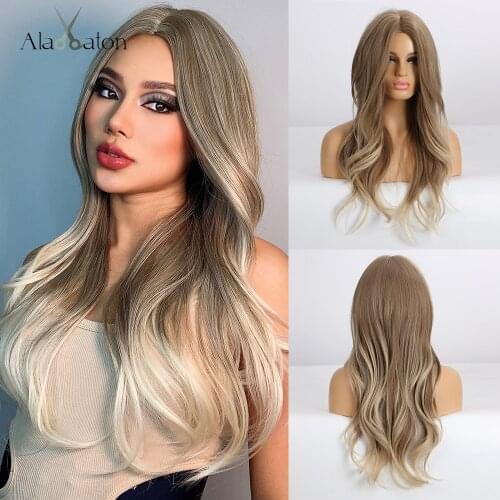 ALAN EATON Synthetic Wigs for Women Long Wavy Ombre Light Brown Blonde Middle Part Cosplay Wigs Fake Hair Heat Resistant Fiber