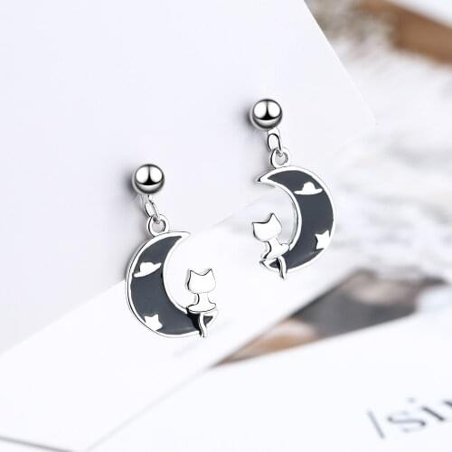 Todorova Cute Female Cat Sit on the Half Moon Dangle Earrings For Women Black Moon Earring Trendy Animal Jewelry Bijoux