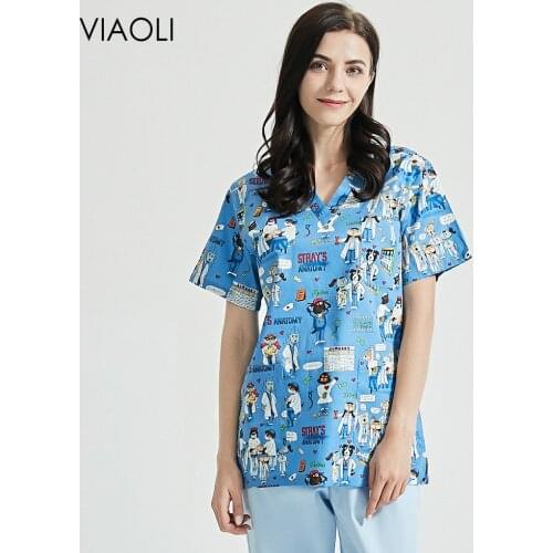 Wholesale Pet grooming uniforms beauty salon workwear spa uniforms Beautician costume suits Cartoon printing scrubs tops women