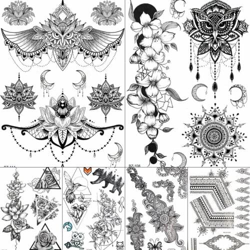 GoldOcean Owl Henna Flower Temporary Tattoos Stickers Women Girls Waterproof Fake Mandala Tattoo Bracelet Moon Arm Custom Tato