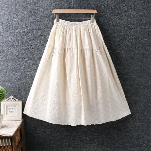 2021 New Spring Women Elastic Waist Skirt Japan Style Mori Girl Fresh Embroidery Solid Color Skirts Women