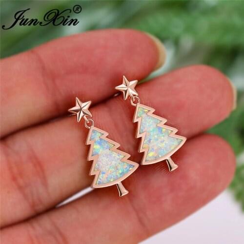 Cute Christmas Tree Star Stud Earrings For Women White Gold Rose Gold Color White Fire Opal Earrings Wedding Engagement Jewelry