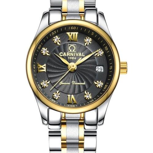 Carnival Women Lady Fashion Business Waterproof Steel Watchband Quartz Watch Wristwatch - gold case black dial