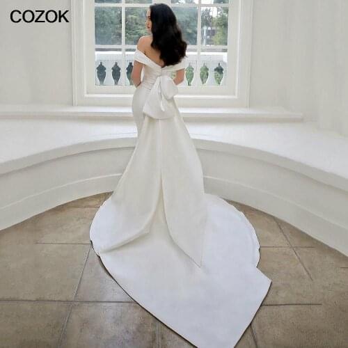 Simple Mermaid Wedding Dresses Off The Shoulder Satin Bridal Gown With Detachable Bowknot Vestido de corte sirena 2021