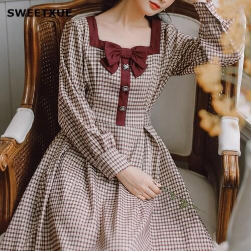 SWEETXUE Hot Sale 2021 Women Spring And Autumn Square Collar Long Dress Vestidos