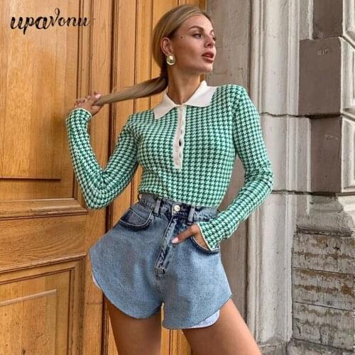 Free Shipping Houndstooth Buttons Knitted Bodysuits Women Jumpsuits Long Sleeve Sweater Bodysuits Rompers Elegant Jumpsuits