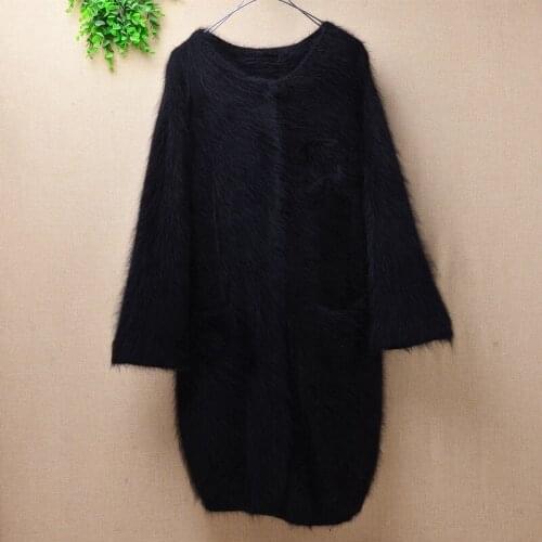 Winter balck long buttons cardgians pagoda sleeves o-neck cashmere cony hair pockets loose coats