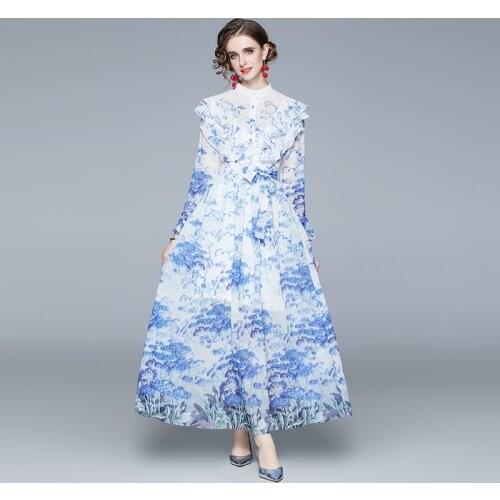 ZUOMAN Women Spring Elegant Blue Dress Festa High Quality Long Maxi Chiffon Party Robe Femme Vintage Designer A-Line Vestidos