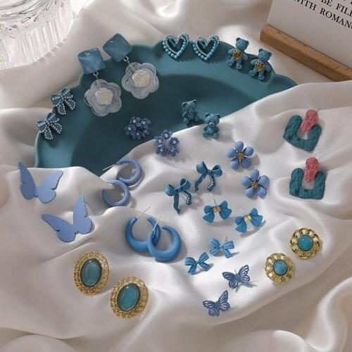 2021 Korean Fresh Haze Blue Geometric Resin Stud Earrings for Women Bowknot Flower Sweet Statement Ear Brincos Jewelry Gift