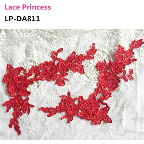 5 mirror pair LP-DA811 DIY red polyester embroider lace patches Venise Lace flowers Lace Applique Garment accessories 280*130MM