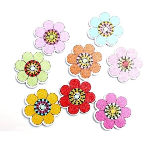 50pcs 25x25mm Mixed Sun Flower Wooden Buttons For Clothes Needlework Scrapbooking Crafts Diy Sewing Accessories Wood Decoration