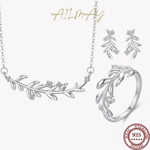 Ailmay Real 925 Sterling Silver Fashion Tree Leaf Leaves&Branches Stud Jewelry Set For Women Girls Party Accessories Jewelry