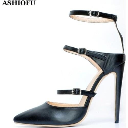ASHIOFU Handmade Ladies High Heel Pumps Buckle-straps Party Office Dress Shoes Pointy Sexy Evening Fashion Court Shoes XD103