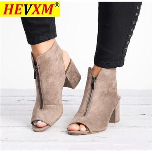 Ankle Boots Faux Suede Leather Casual Open Peep Toe High Heels Zipper Fashion Square Rubber Black Shoes For Women Size 34-43