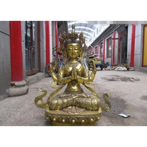Fast shipping USPS to USA S3085 Tibet Folk temple Bronze Gild Four-armed Avalokitesvara Buddha Statue