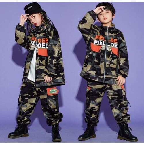 Kids Hip Hop Camouflage Clothes Modern Jazz Street Dance Performance Suit Child Long Sleeve Jacket Catwalk Show Costumes DWY4975