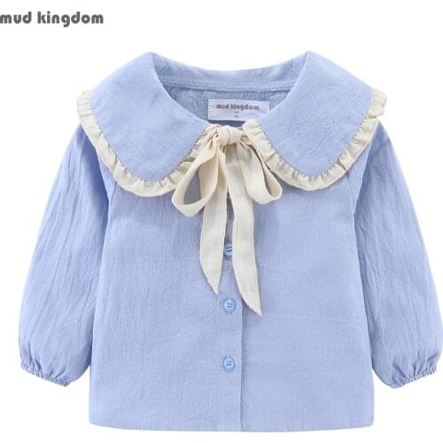 Mudkingdom Baby Tops Cotton Long Sleeve Ruffles Turn Down Collar Design Sweet Toddler Baby Girls Tops Girls Blouse with Bow