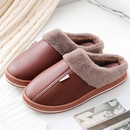 New Women Men Winter House Slippers Pu Leather Waterproof Slip On Slippers Fluffy Plush Warm Casual Shoes Couple Fur Flat Slides