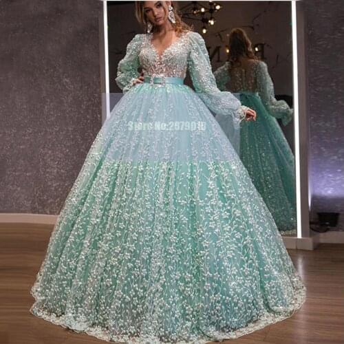 Ice Blue V-Neck Evening Dress Ball Gown Long Sleeves Applique Beaded Crystal Floor-Length Prom Dress Celebrity Dress 2020 Dubai