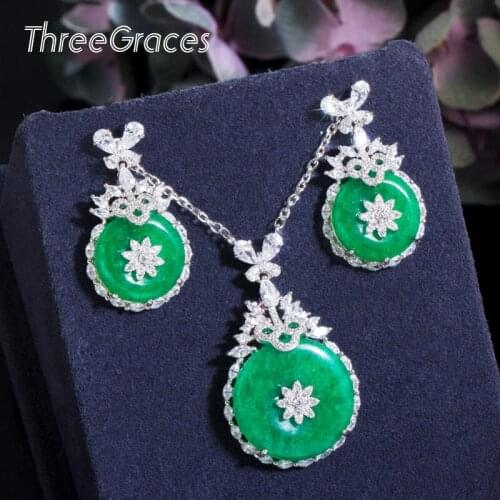 ThreeGrace Delicate Round Green Cubic Zirconia Necklace and Earrings Set Fashion Brand Women Party Jewelry Accessories JS521