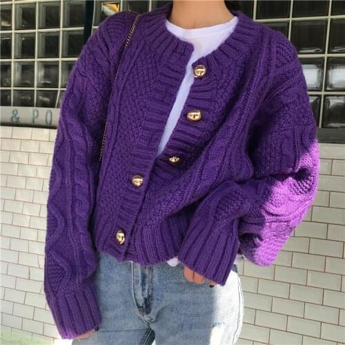 Short Women Knitted Sweaters Vintage O-neck Twist Chic Loose Female Cardigans Coats Casual Autumn Winter Solid Purple Buttom
