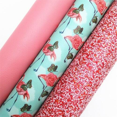 Red Glitter leather, Flamingo Printed synthetic leather, Smooth Faux Leather Sheets For Bows Earrings DIY 21x29CM KM803