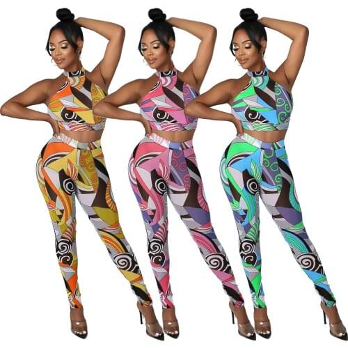 Fashion Print Bandage Two Piece Set Woman Halter Lace Up Backless And Pencil Pants Casual Tracksuit Summer Outfit 2021