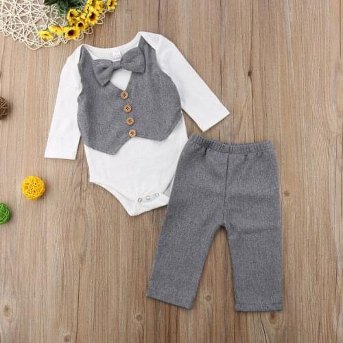 New Boys Clothes Gentleman Baby Boy Bow Tie Shirt Tops Romper+Pants Party Formal Set