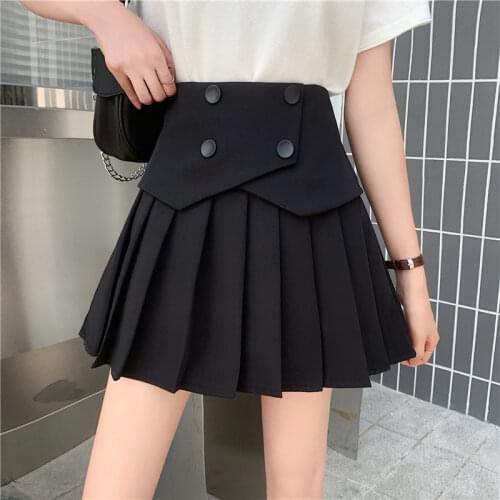 HOUZHOU Pleated Skirt Women Elegant Kawaii Buttons Patchwork Black High Waist Mini Skirt Sexy Summer Office Lady Korean Fashion