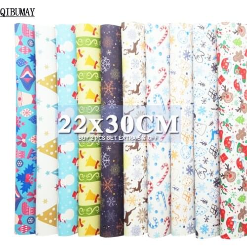 QIBUMAY Christmas Faux Leather Sheets Snowman Printed PU Leather Fabric DIY Hairbow Earring Accessoreis Handmade Bags Decoration