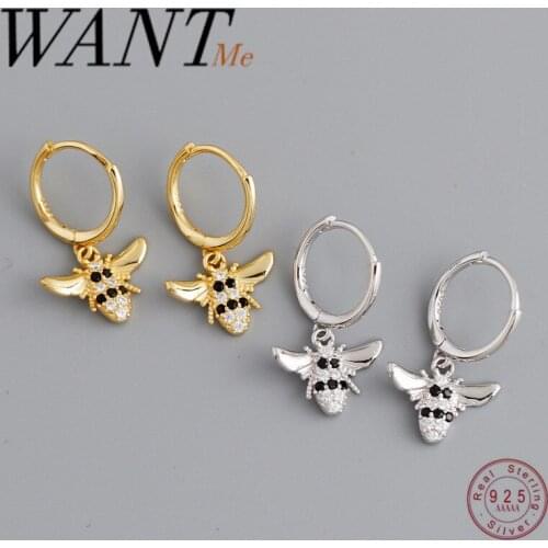 WANTME Luxury Real 925 Sterling Silver Punk Black Zircon 3D Bee Pendant Ear Buckle for Women Bohemian Insect Jewelry Earrings