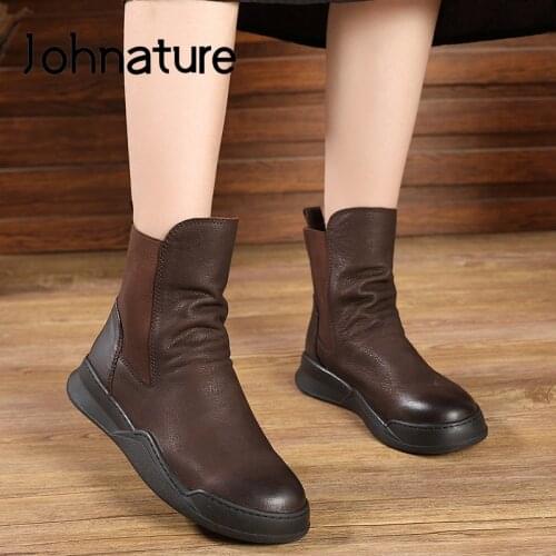 Johnature 2020 New Autumn Winter Ankle Boots Women Shoes Genuine Leather Round Toe Flat With Sewing Handmade Platform Boots