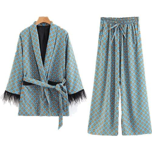 Pink Blue Blazer Set Women Fashion Print Suit Jacket With Feather Sleeves Elastic Band Wide Leg Pants Two Piece Outfits Ladies