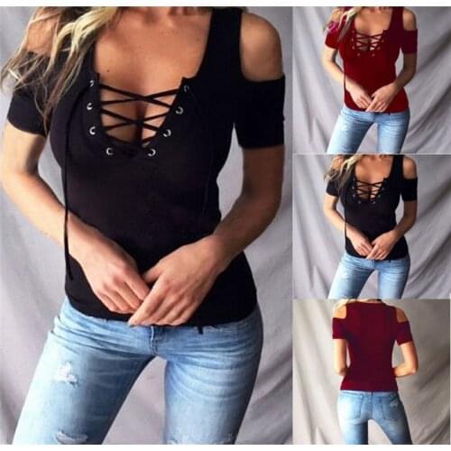 Women Top Blouses Lace Up Off-Shoulder Slim Fit Pullover Shirt Tee Ladies Summer Solid Short Sleeve Blusa Feminina Plus Size 5XL