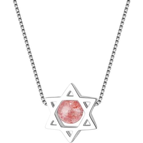 New Geometric Six-Star 925 sterling silver Pendant Necklaces for Women Jewelry Strawberry Crystal Stone Choker Necklace