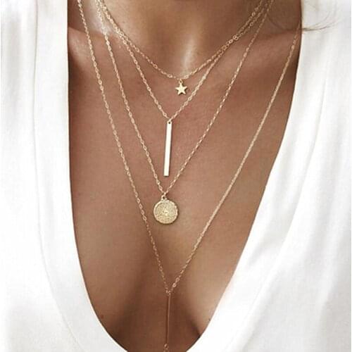 2021 Women Multilayer Necklace Boho Pendant Necklace Five-pointed Star Gold Metal Simple Tribal Necklace Collar Layered Jewelry