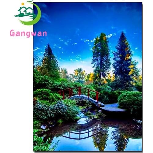 DIY Diamond Embroidery Mosaic Garden scenery, arch bridge and green trees Full Rhinestone 5D Diamond Painting Cross Stitch decor