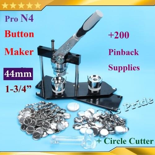 NEW Pro N4 1-3/4":44mm Badge Button Maker Machine + Adjustable Circle Cutter+200 Sets of Metal Pinback Button Supplies