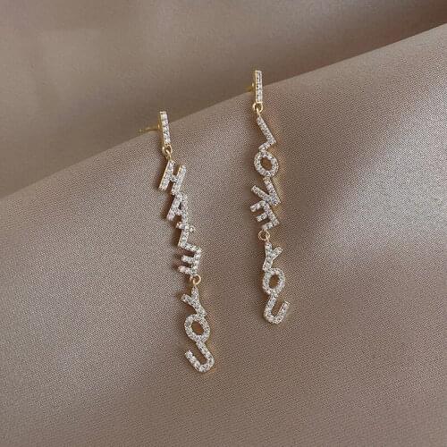 Shiny Long Dangle Earrings With Rhinestone Letter Gold Color Letters Earrings Korean Fashion Jewelry