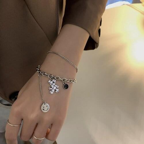 LOVOACC Vintage Plaid Bear Smile Pendant Bracelet for Women Double Layers Chunky Cuban Chain Beads Charm Bracelets Accessories