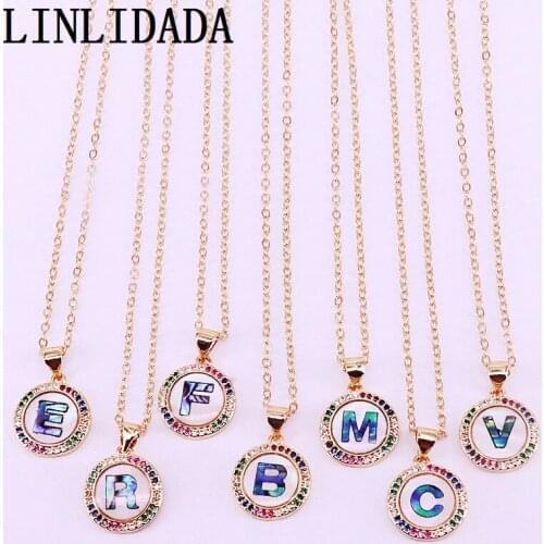 10Pcs gold color initial 26 alphabet letters charm pave Colorful CZ Zirconia shell pendant necklace