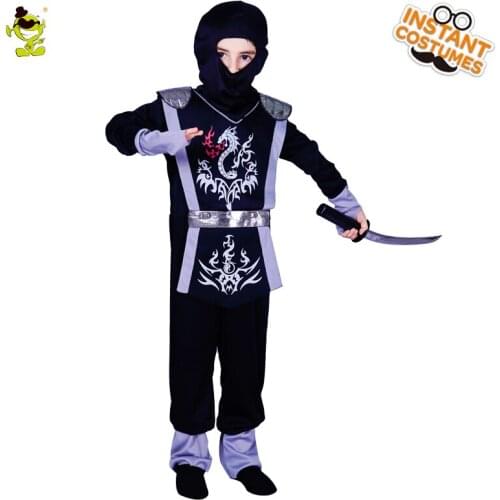 Kids Black Hooded Ninja Costume with Gray Dragon Print Cosplay Fancy Suit for Halloween Cosplay Party for Kids