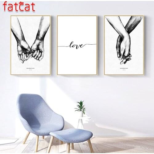 FATCAT Nordic Black And White Lover Holding Hands diamond painting full square round drill diy embroidery triptych decor AE391