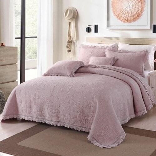 Franch Quilt Sets 3PCS Bedspread Lace Decor Embroidered Cotton Bed Cover 2*Pillowcase Queen Size Solid Coverlet Summer Blanket