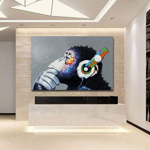 Art oil painting Wearing Headphones Monkey Listen Music HD spray painting modern abstract Canvas Picture frameless Home Decor