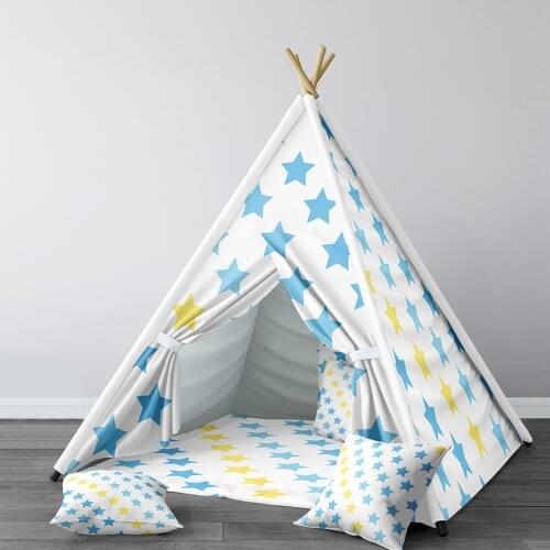 Play Tent for Kids Wigwam Portable Indoor Playground Tents Children Bedrooms Blue and Yellow Stars Model 124