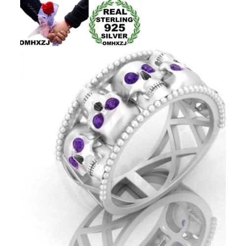 OMHXZJ Wholesale European Fashion Woman Man Party Wedding Gift Skull AAA Zircon 925 Sterling Silver 18KT Black Gold Ring RR406