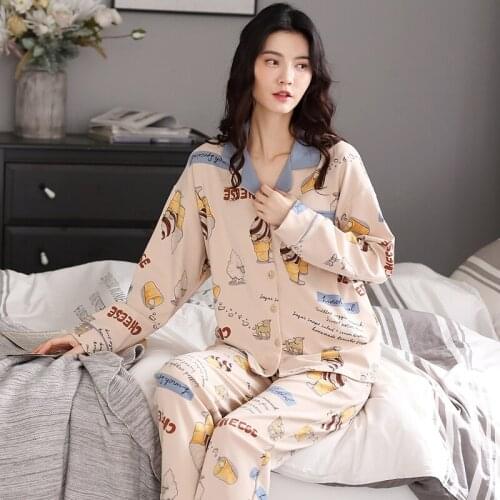 Set Cute Casual Pijama Loose Soft Nightwear Cartoon Cotton Sleepwear For Women Turn-Down Collar Home Suit Large Size Pajama